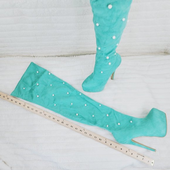 Mint Green Faux Stretch Suede Platform High Heel Thigh High Boots - Picture 7 of 16
